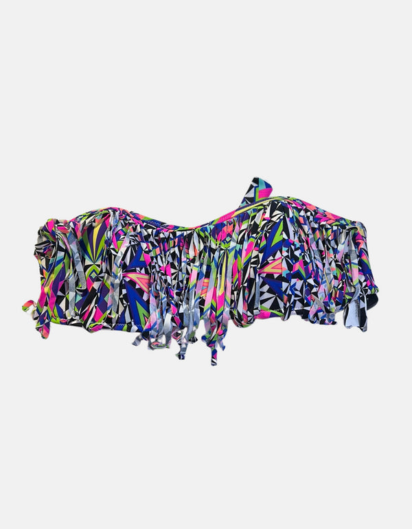 Fringe Bandeau Bikini Top with Geometric Print